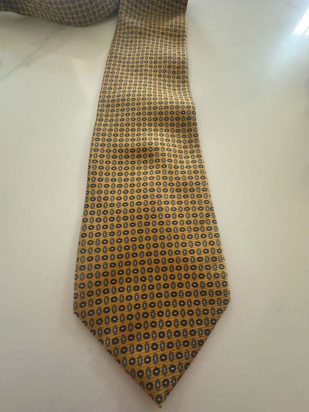 Brooks Basics Gold Silk Tie with Blue Geometric Pattern